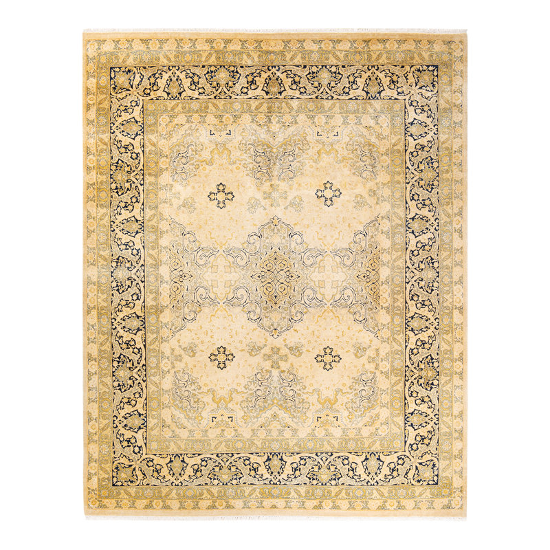 Tapis ivoire noué à la main de conception unique 8 pi 1 po x 9 pi 10 po Keenan