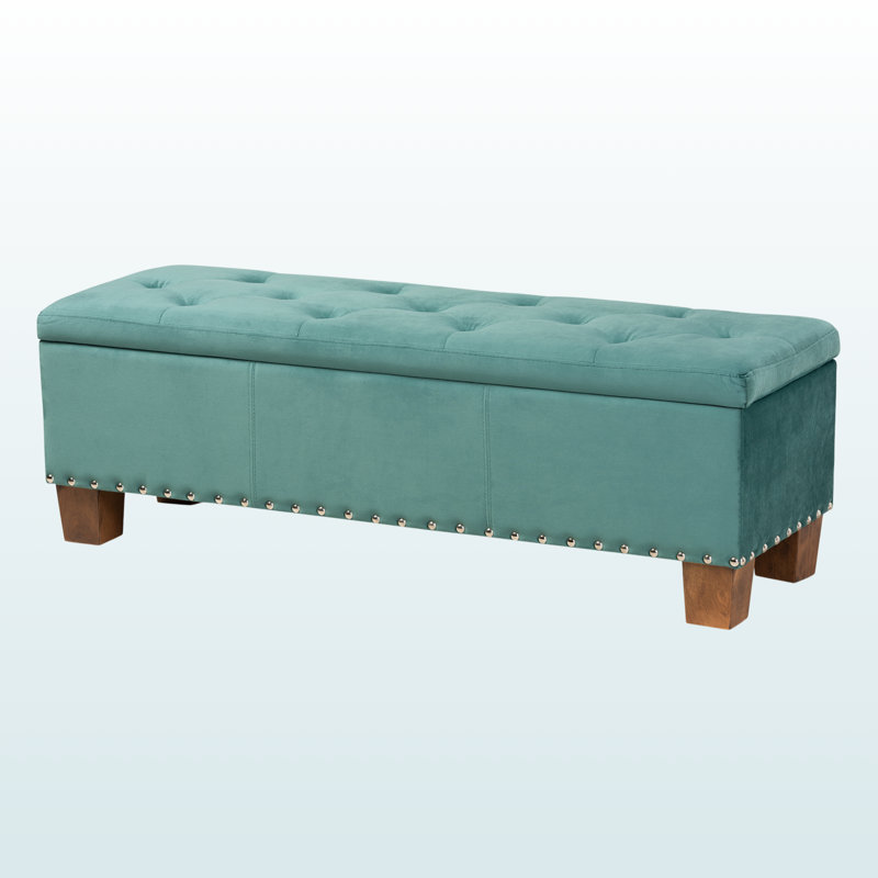 Banc de rangement avec repose-pieds en tissu bleu sarcelle Reverie H 17,14 po x l 52,06 po x P 16,62 po Reverie