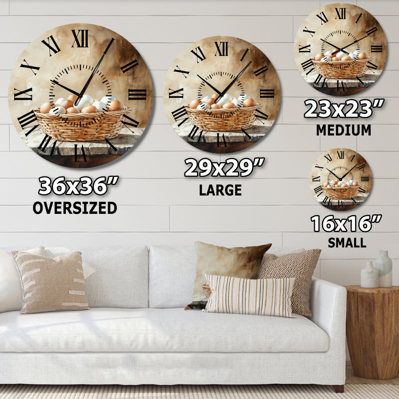 Nature morte : panier d'œufs frais - Horloge murale en métal de style champêtre, Grand