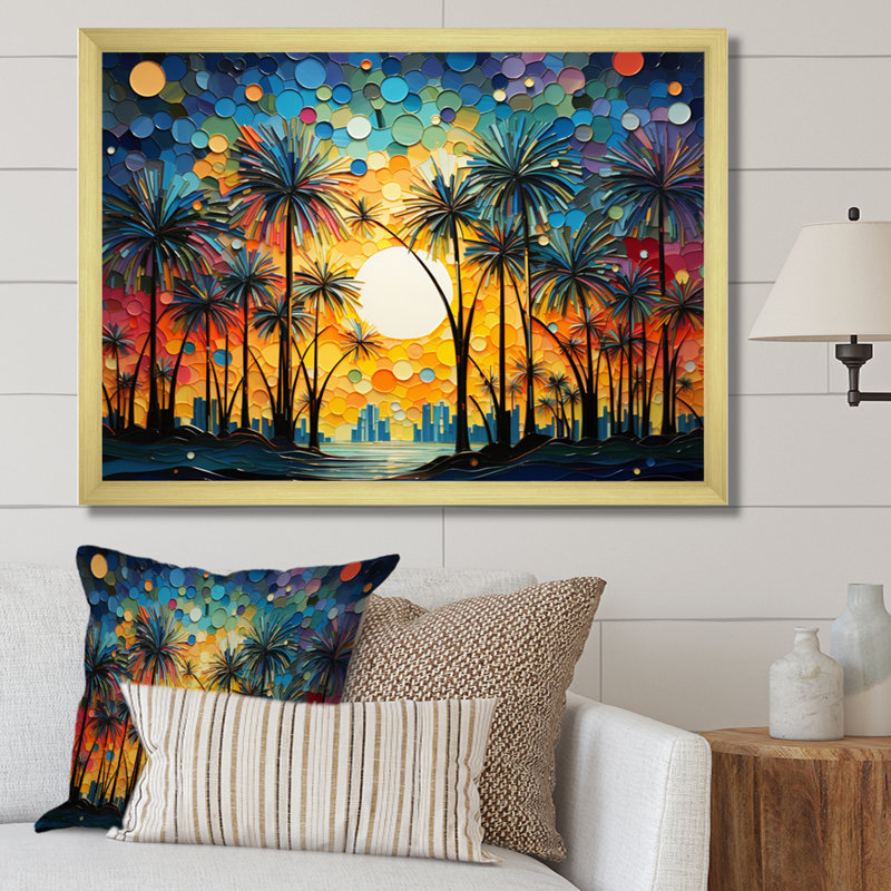 Collage de palmiers colorés I sur toile, H 16 po x l 32 po x P 1 po, Encadrement doré