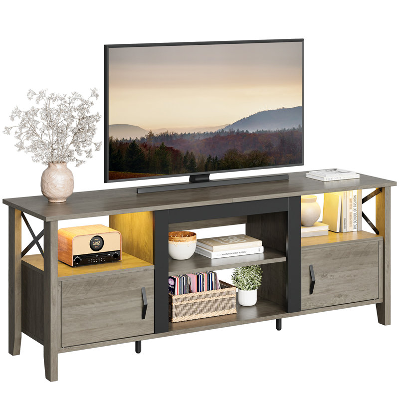 Wash Gray Farmhouse TV Stand with LED Lights and Storage Cabinet