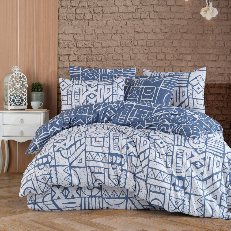 3 Pieces  Navy Blue  Geometric Pattern Modern Double Face 100% Cotton Duvet Cover Set, King Duvet Cover + 2 Shams