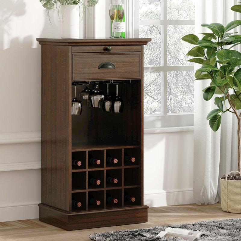 Deliyah 21.97'' Tall Narrow Bar Cabinet-Beautiful Solid Wood Wine Storage with 12-Bottle Rack & 6 Stemware Holders, Drawer & Top Tray, Easy Assembly Freestanding Liquor Cabinet for Small Spaces