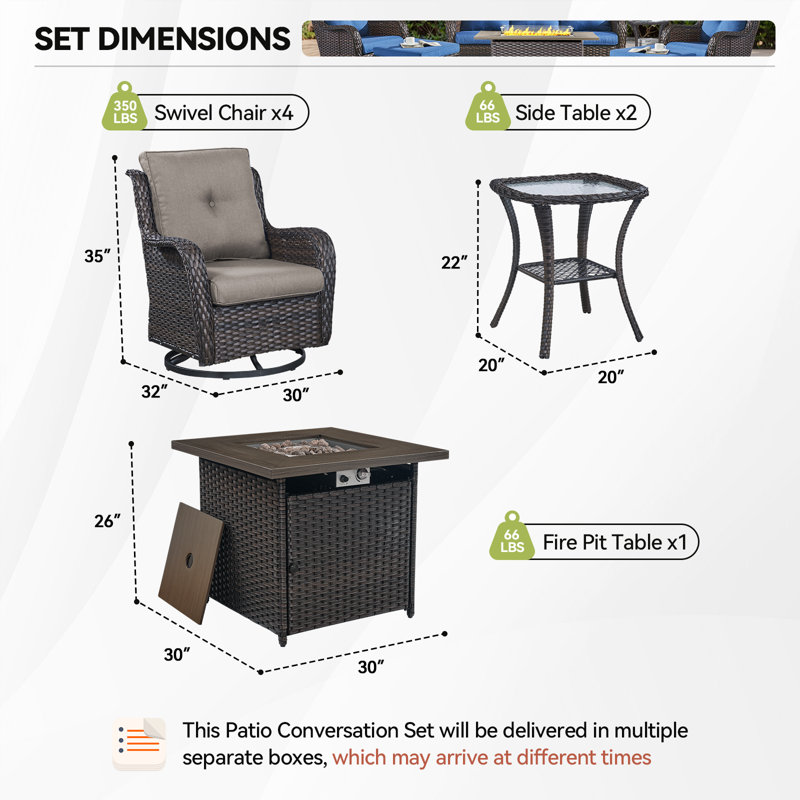 Ensemble de conversation d'extérieur 7 pièces avec 4 chaises pivotantes et 2 tables d'appoint Wendye, Gris, Brun