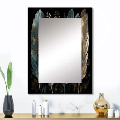 Plumes dorées dorées I - miroir mural unique en plumes Glam, miroir doré, impression sur métal