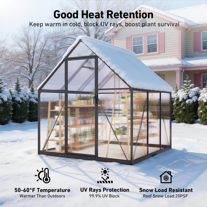 6 ft. W x 6 ft. D Outdoor Greenhouse, Walk-in Greenhouse, Polycarbonate Green House with UV Protection, Heavy Duty Greenhouse with Windproof Aluminum Frame, Roof Vent & Quick-Install Design for Backyard or Garden Use