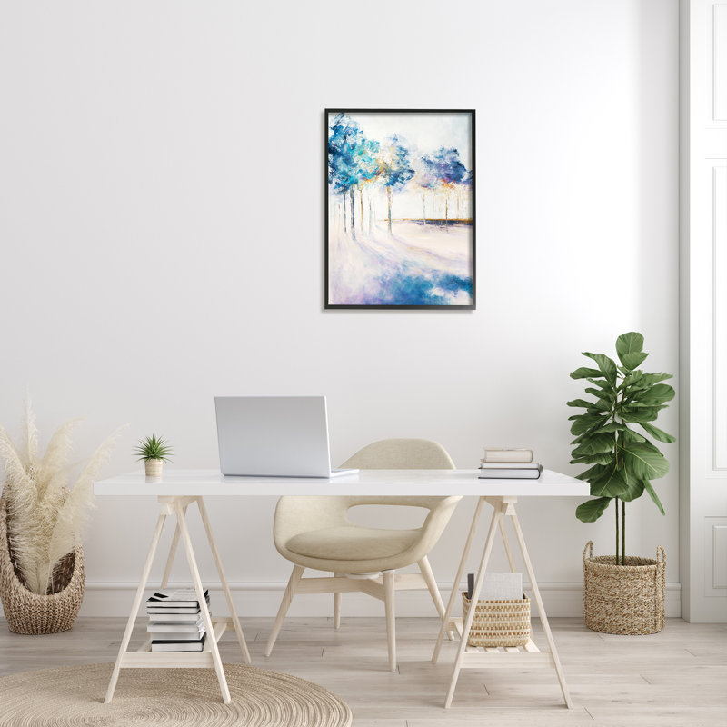 68_Art abstrait bleu, toile d'ombre dans un paysage de forêt, par Dina D'Argo, H 30 po x l 24 po, Giclée encadrée noir minuit