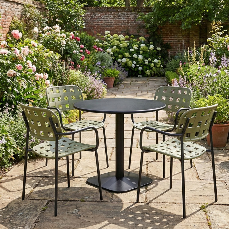 ALBIN 80 Round Table  With 04 KARIN Armchair  Set, Black/Green
