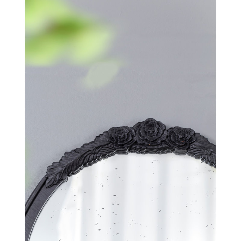 23" X 42"  Hand Carved Rose Mirror Frame, Wood Arch Mirror Wall Decor For Living Room, Bathroom, Entryway, Black