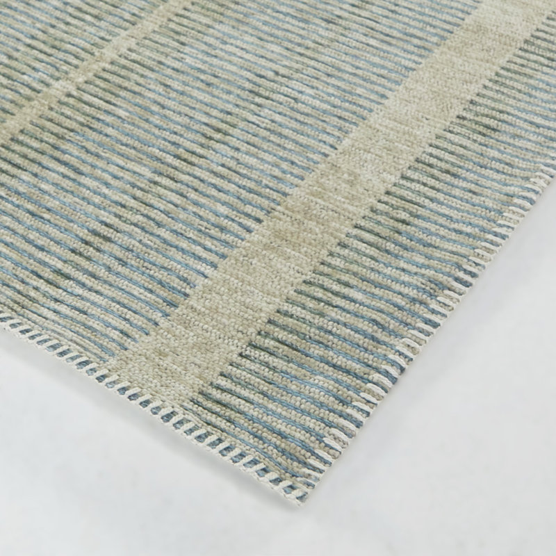 Tapis bleu rectangulaire à rayures recyclées tissé à la machine Hildegret, Rectangle 7 pi 10 po x 10 pi