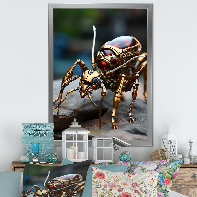 Travailleur métallique, fourmi bronze sur toile, Cadre simple argenté, H 20 po x l 12 po x P 1 po