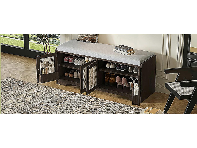 Banc de rangement rustique multifonctionnel pour chaussures avec coussin amovible, Beige/Espresso
