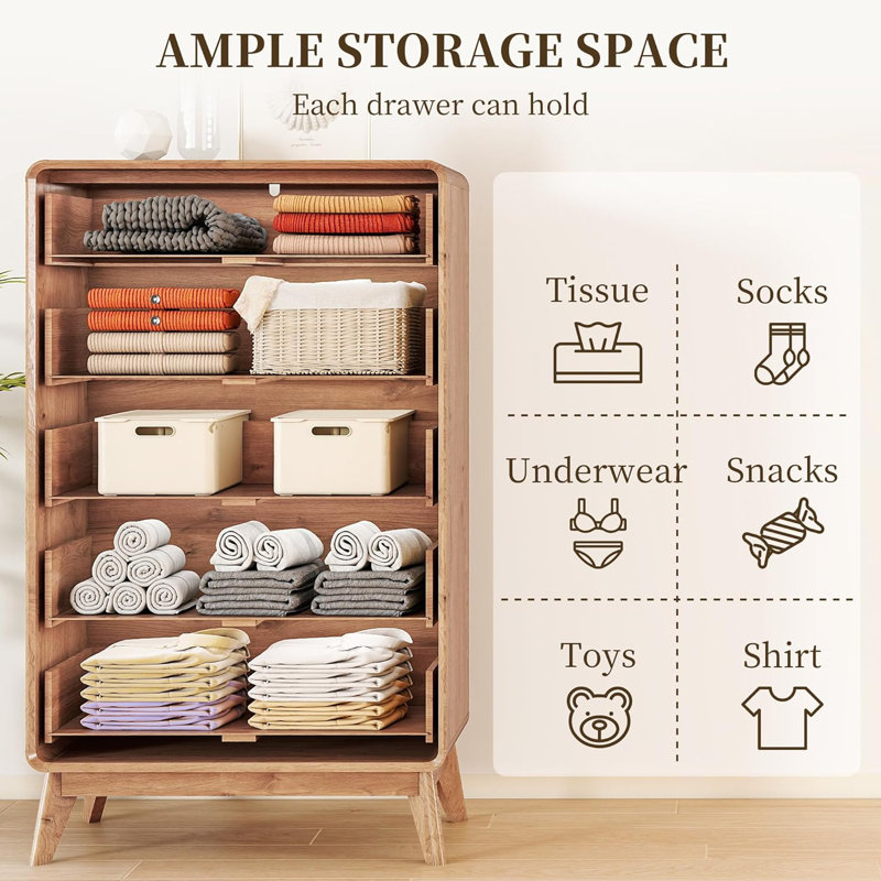 50"W Wood 5 - Drawers Dresser, Beige