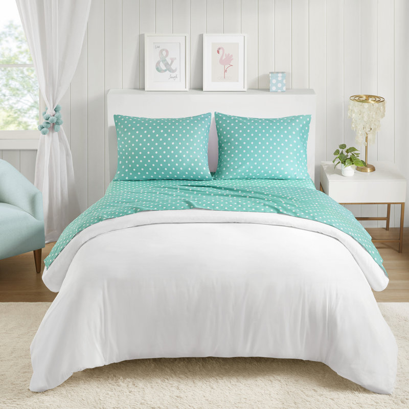 Ensemble de draps 100% coton à pois, Taie d'oreiller pour lit simple, Écume de mer