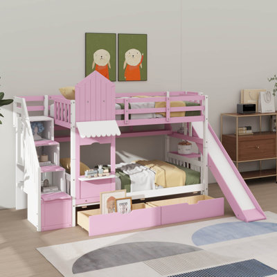 Lit superposé d'inspiration château, lit en bois avec 2 tiroirs et 3 tablettes, avec glissade et marches de rangement