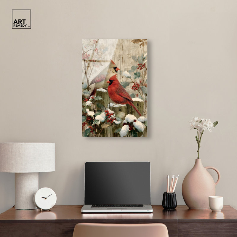 Décoration murale de Noël Winter paire on perch II par Art Remedy, prête à être suspendue, 16 x 24, H 24 po x l 16 po