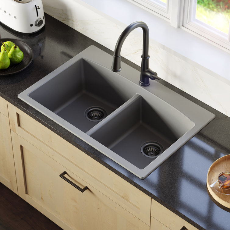 Karran Drop-in Quartz Composite 33'' X 22'' 1-Hole 50/50 Double Bowl Kitchen Sink