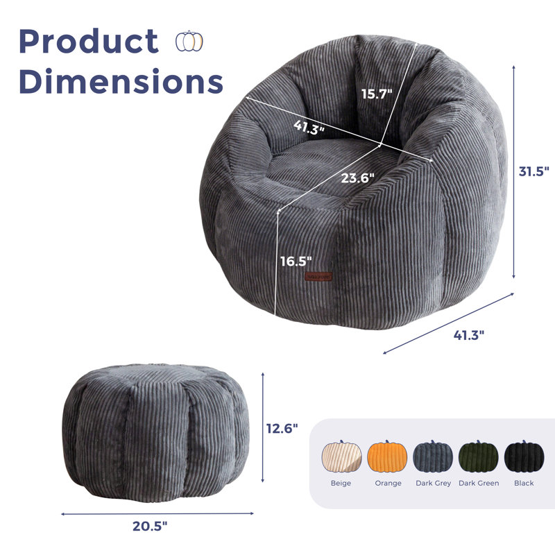 Fauteuil à billes en velours côtelé avec repose-pieds Giant, Gris