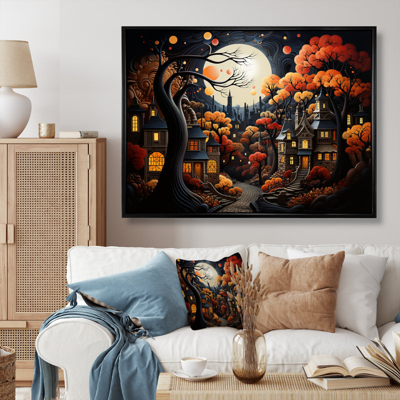 Cozy village in Autumn Moonlit IV - Art mural art déco urbain, Cadre d'angle fermé noir, H 34 po x l 44 po x P 1,5 po