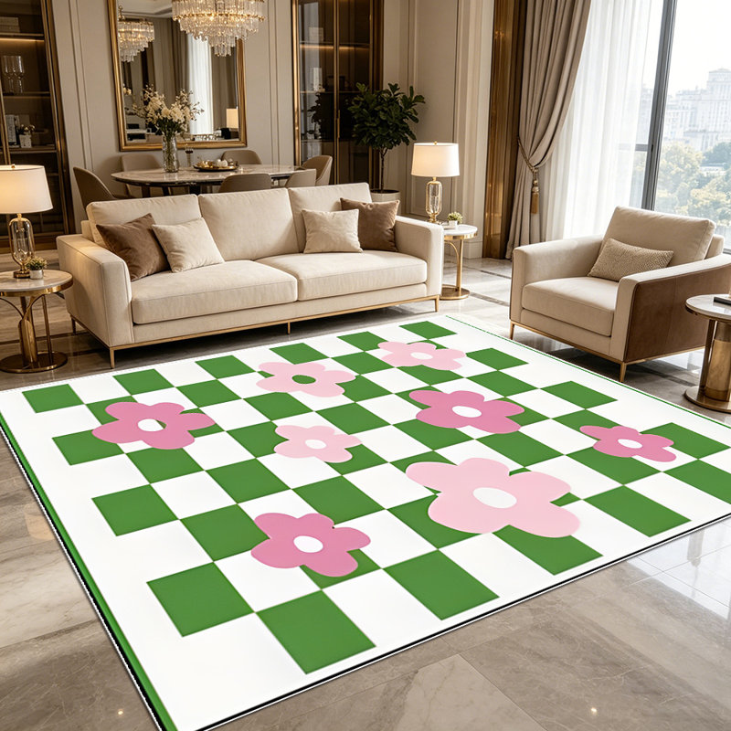 1PC green and white checkerboard pink floral area rugs for Living Room, Soft, All seasons, Easy-maintain, Washable Indoor mat, Farmhouse suitable for kitchen, dining room, bedroom, entryway, backyard, home office, Home Decor, Outdoor Decor.