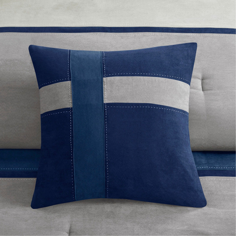 Ensemble d'édredon en faux suède 7 pièces Blue Queen, Grand édredon et 6 pièces supplémentaires, Blue Patchwork