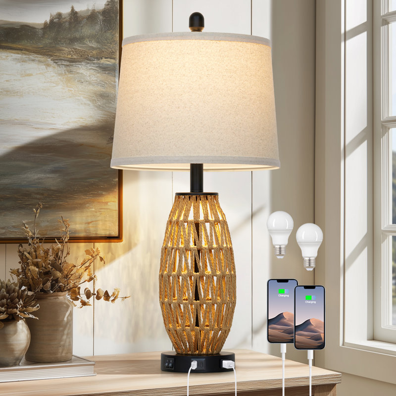 Adone 27" Natural Rattan Bedside Table Lamp with Dual USB Ports and Touch Control, 27" x 12.5" W x 12.5" D, Geometric