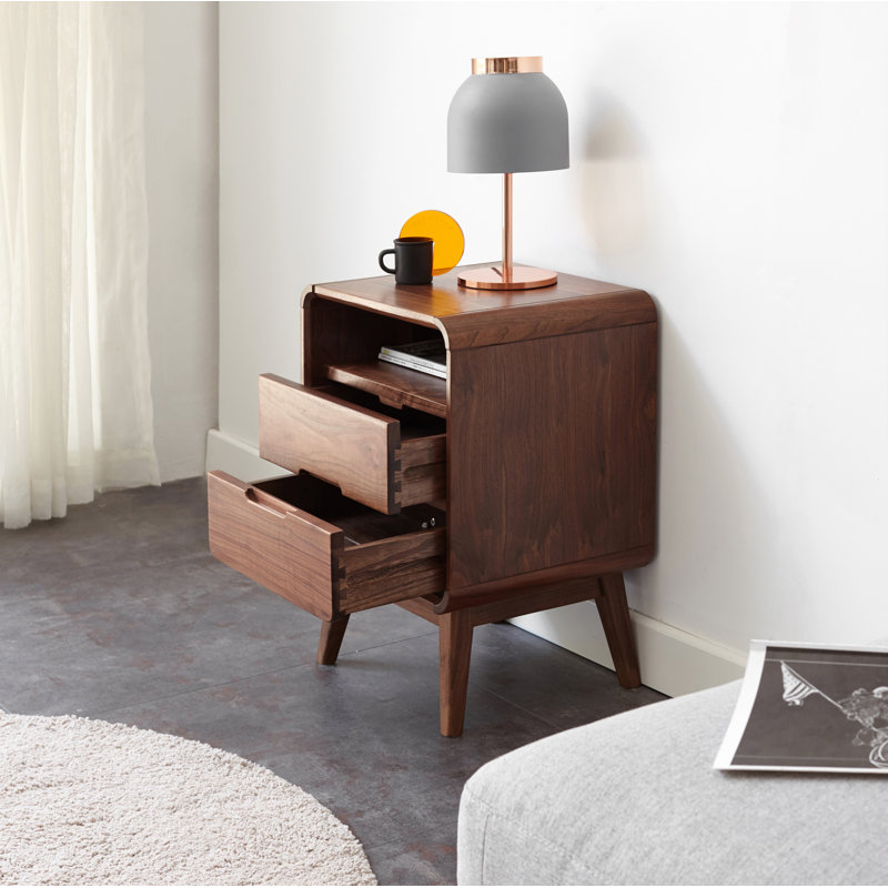 Table de chevet en bois massif avec 2 tiroirs l 16,5 po MCM, Noir noyer, Individuel