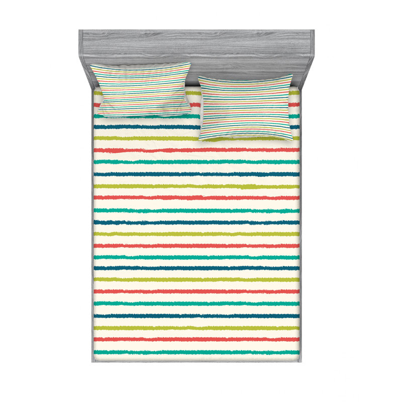 Microfiber Abstract Sheet Set, Twin Sheet Set with Fitted Sheet, Blue/Red/Yellow, Striped