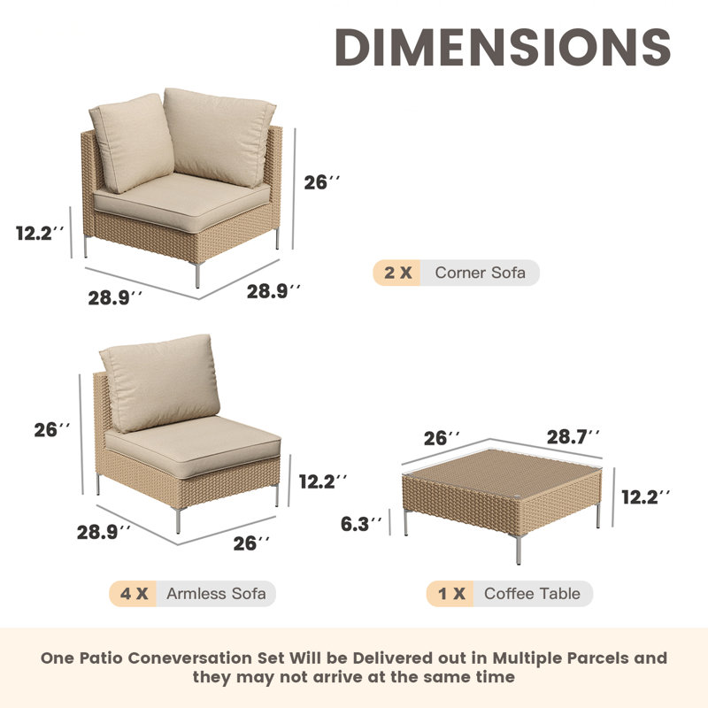 5-Person Wicker Patio Coversation Set with Cushions, Armless Sofa Chairs, Sofa Table, Yellow