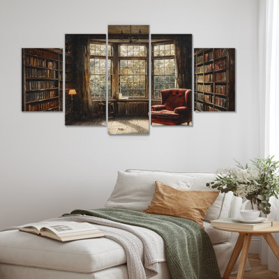 Ensemble de livres sur toile brun et beige rétro avec bibliothèque I