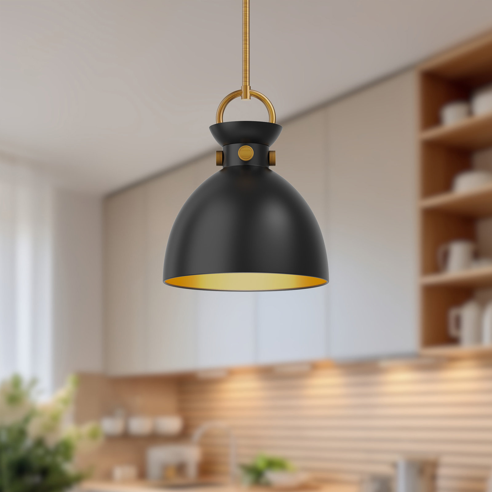 Tinka Single Light Metal Steel Pendant, 12.75" H x 10.5" W x 10.5" D, Matte Black, Aged Gold/Black
