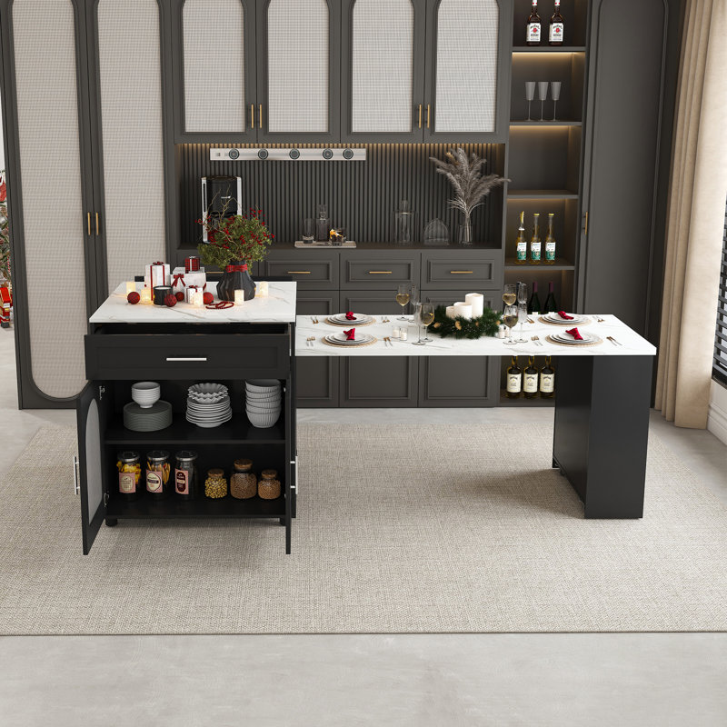Îlot de cuisine extensible avec table de salle à manger, comptoir en grain de marbre, prise de courant et chariot de rangement mobile