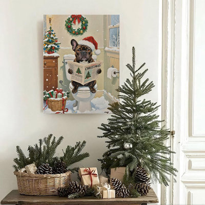 Art mural de salle de bain chien de Noël, décoration murale mignonne carlin sur toilette, décoration murale salle de bain des fêtes, toile de Noël rétro amusante pour la salle de bain, cadeaux pour les amoureux des chiens, 11 po x 14 po