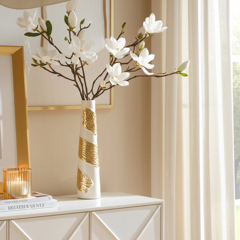Glass Vase Metal Aluminum Glam Design with Sculpted Abstract Textured Wrap Accents for Bold Contemporary Statement Decor Silhouette Crafted from Durable Mixed Materials Detailing