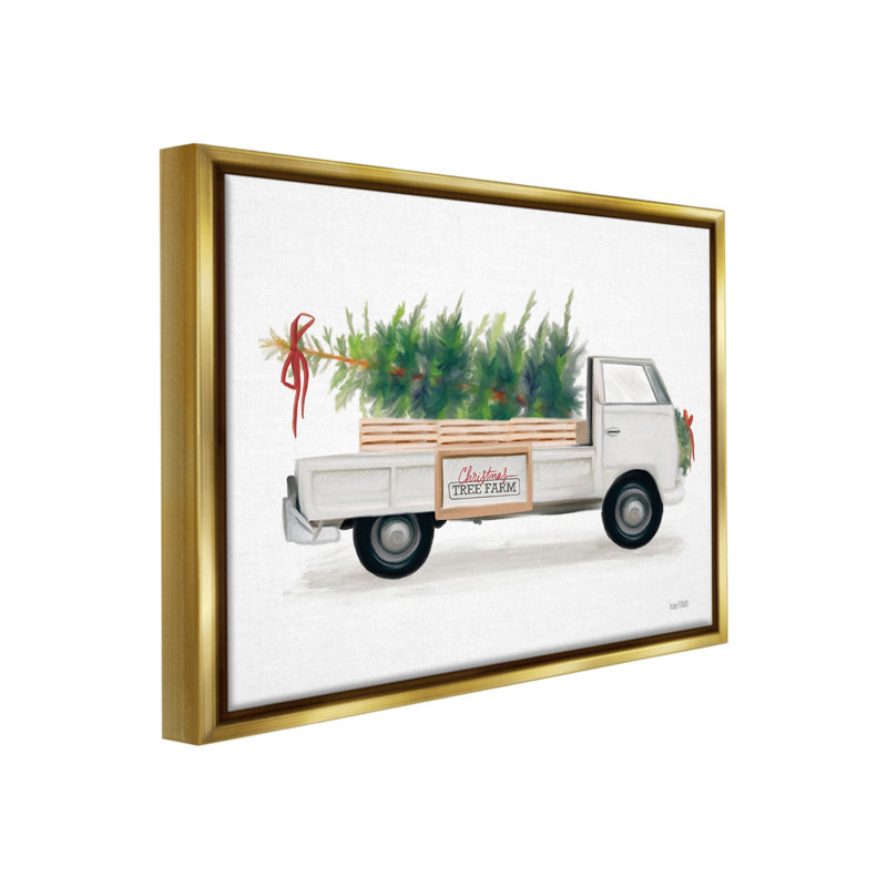 «Christmas Tree Farm Truck», art mural encadré doré sur toile par House Fenway, Cadre flottant métallique doré