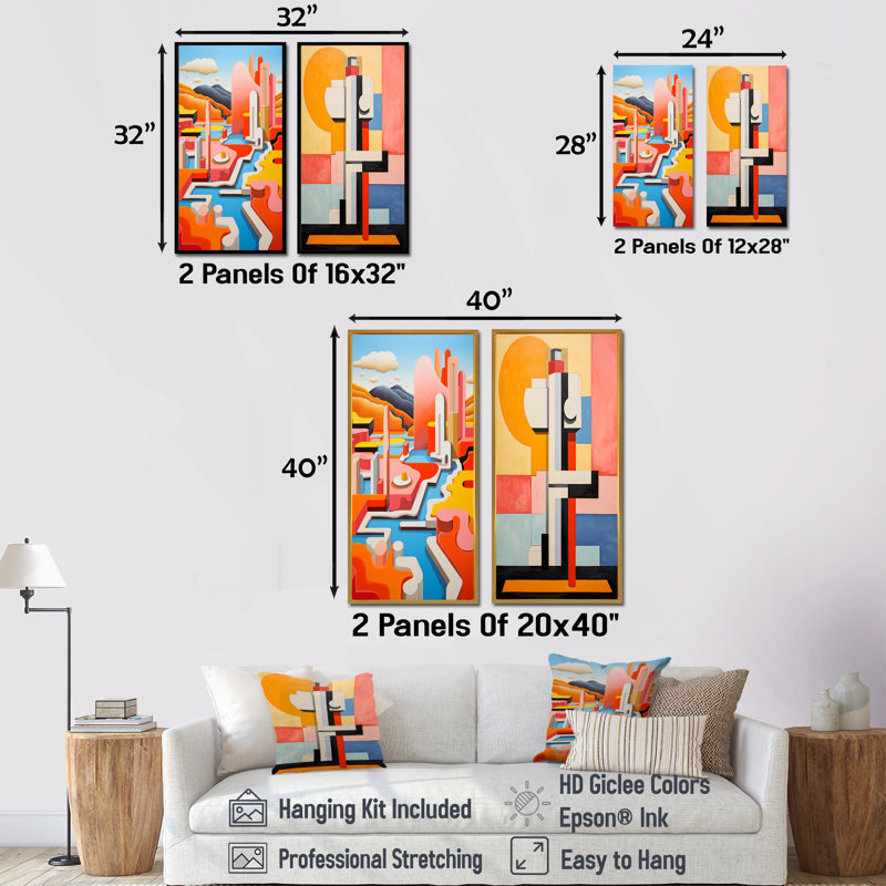 Pastel De Stijl Industrial Geyser - Ensemble de 2 décorations murales Geyser, Encadrement doré, H 40 po x l 41 po