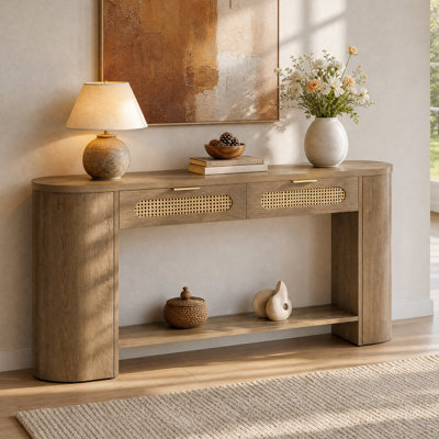 55 " Farmhouse Console Table With 2 Rattan Drawers & Shelf, Entryway Table, Sofa Table For Hallway, Living Room, Foyer