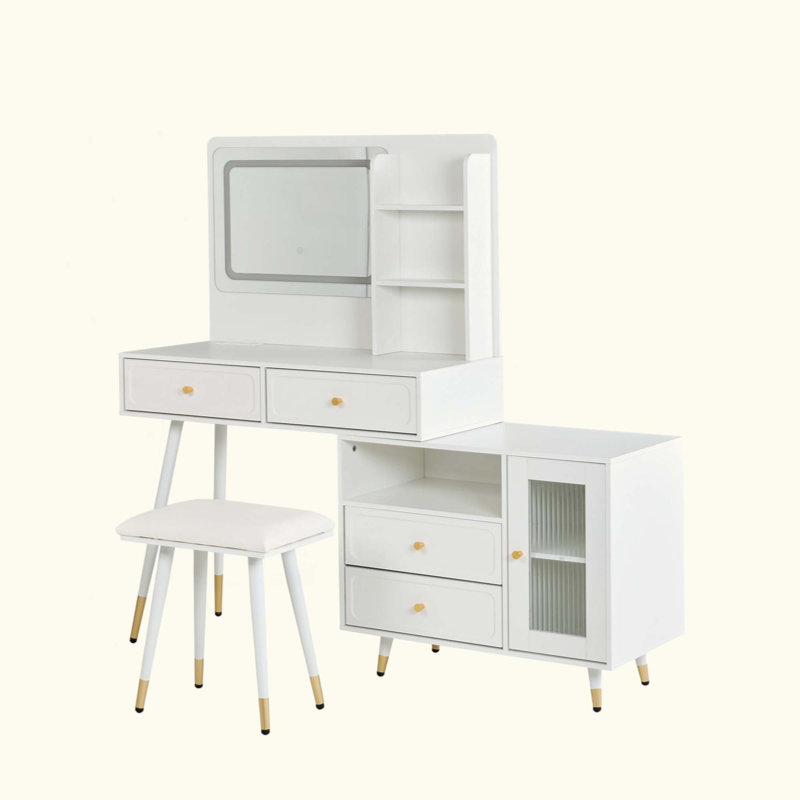 Modern Makeup Vanity Desk With Mirror And Lights, Retractable Dressing Table With Drawers And Cabinet, Compact Makeup Table Set With Power Outlet For Bedroom