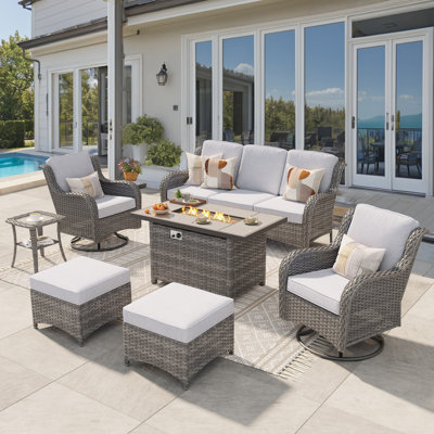 5 - Person Wicker Outdoor Conversation Set, Patio Swivel Chair Set with Fire Pit and Cushions