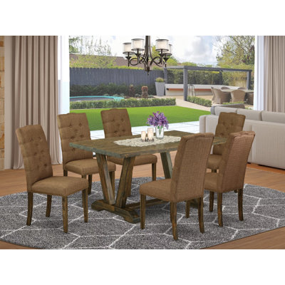 7-Pc Dining Table Set with a Great Distressed Jacobean Dining Table top and 6 Brown Beige Parson Dining chairs with Nail Heads and Button Tufted, Distressed Jacobean Finish