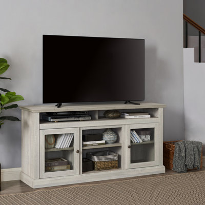 Meuble télé gris pierre de 60 po pour téléviseur de 65 po ou moins, surface lisse et gestion des câbles en gris, 5 tablettes réglables