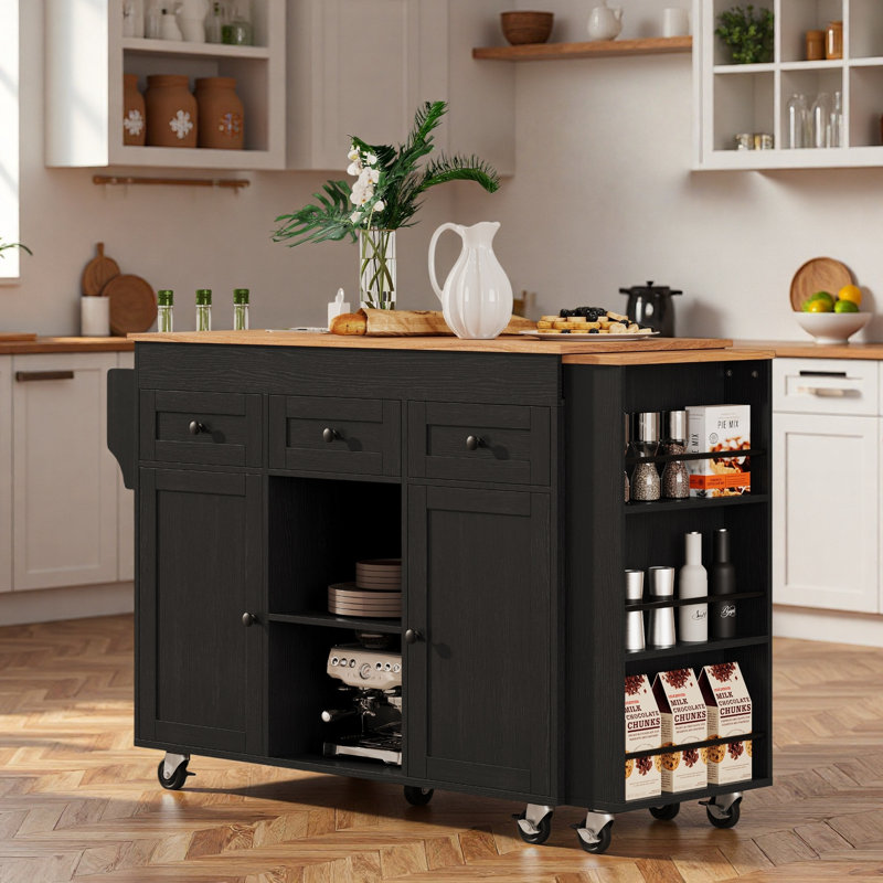 Rolling Kitchen Island With Extendable Dining Table, Charging Station, Three-tier Open Side Storage Rack, 3 Drawers And 2 Storage Cabinets