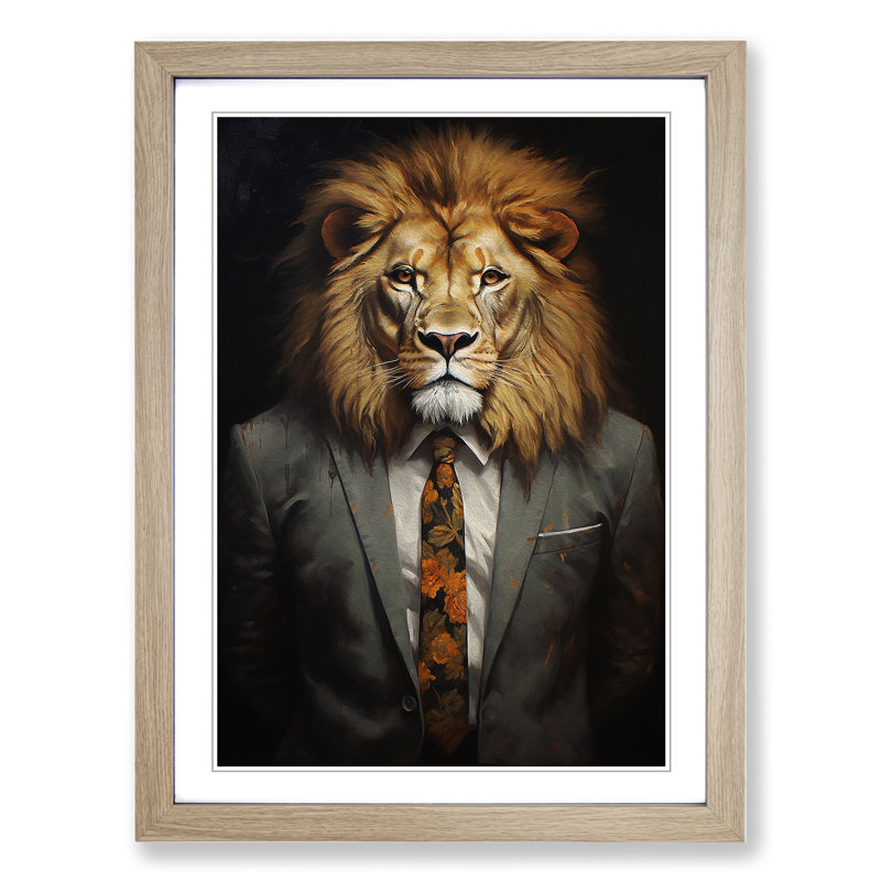 Lion In A Suit Framed Print, 64cm H x 46cm W x 2cm D, Oak