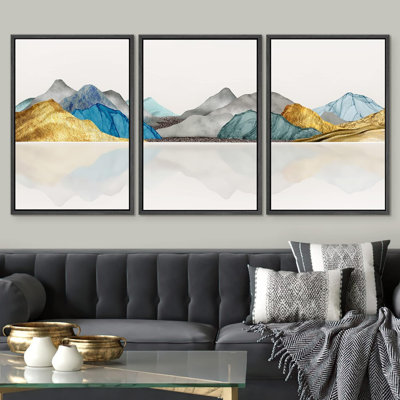 Abstract Mountain " Vibrant Gold Teal Mountain Range Landscape Illustration Modern Art Decor Nordic Calm Zen " 3 Piece Art Print