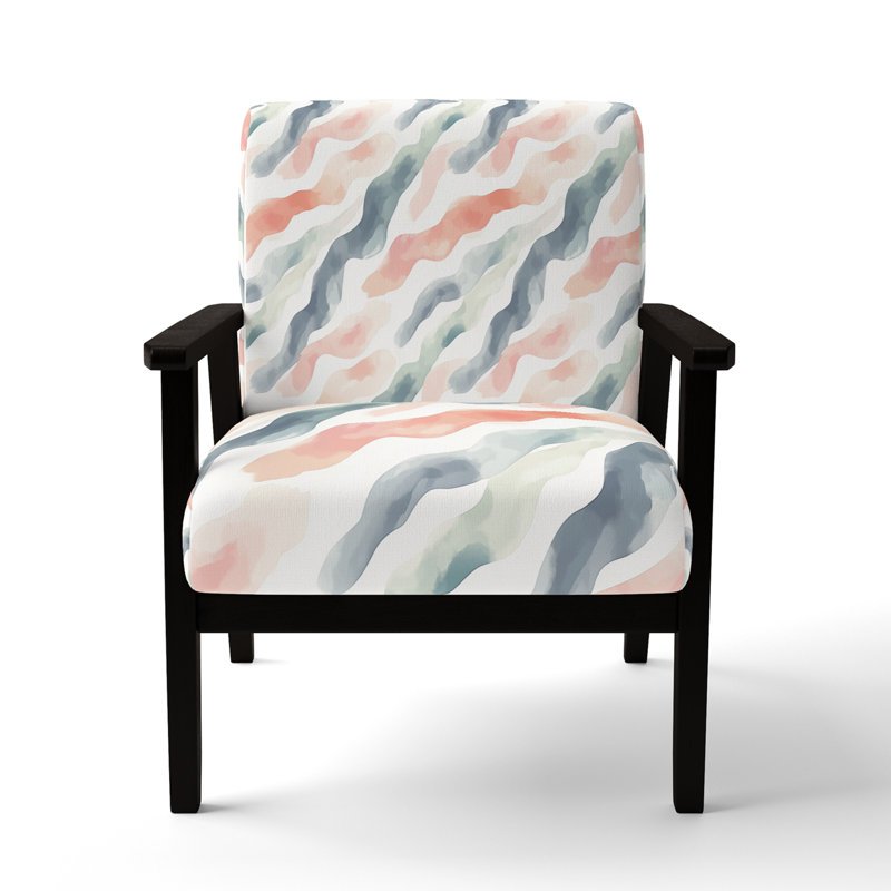 Coastal Upholstered Chair - Wave Soft stripes Coral Arm Chair, Black Square Arms