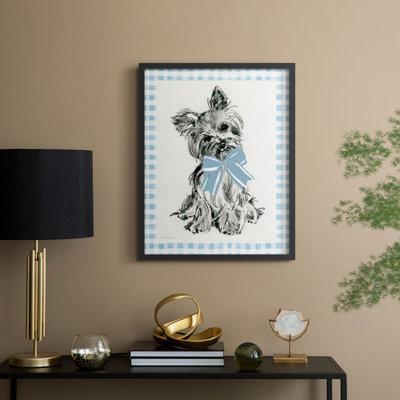 «Blue Bow Yorkie», reproduction encadrée - bois massif