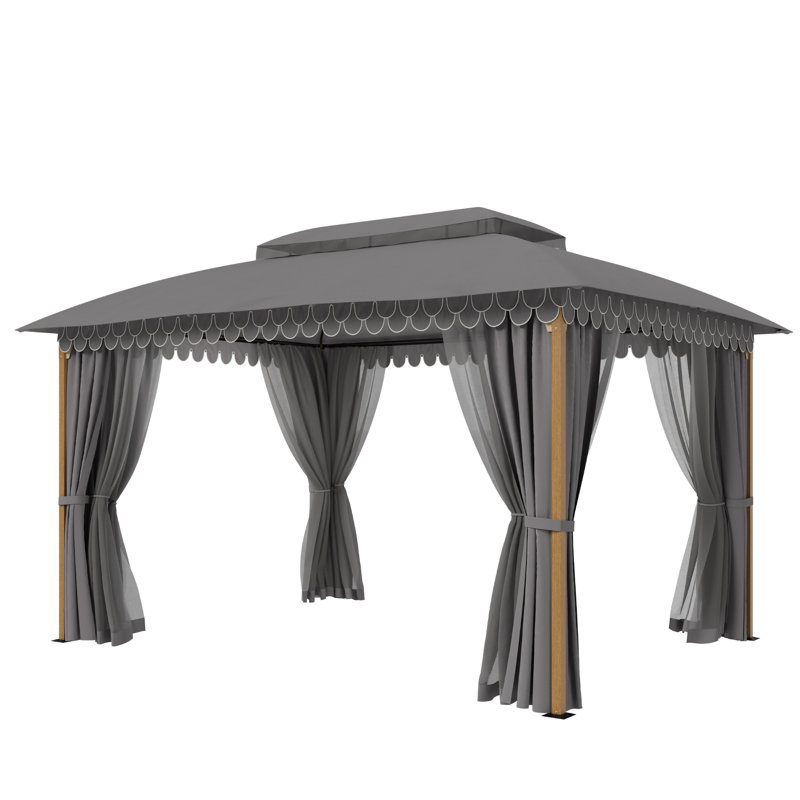 10X13 Wavy Design Garden Canopy With Wood-Grain Steel Frame, Weather-Resistant Fabric & Anti-Mosquito Mesh For Outdoor Use