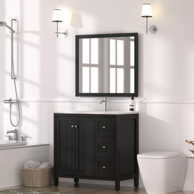 Meuble-lavabo 35,5 po, noir, lavabo en résine, 3 tiroirs, glissières à fermeture douce, éclaboussures, structure en contreplaqué, contreplaqué à installation rapide,