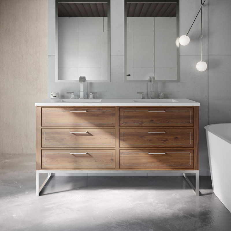 Markham 60'' W Double Vanity, Walnut, White Quartz, Brushed Nickel