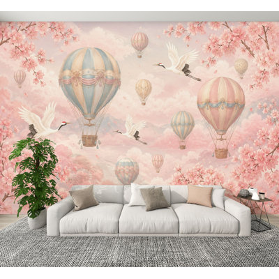 Peel and Stick Wallpaper Hot Air Balloons Pastel Shades Birds Cherry Blossom Wall Murals 100"H x 144"W Removable PVC Wall Paper Self-Adhesive Wall Decor for Bedroom Living Room Home Office
